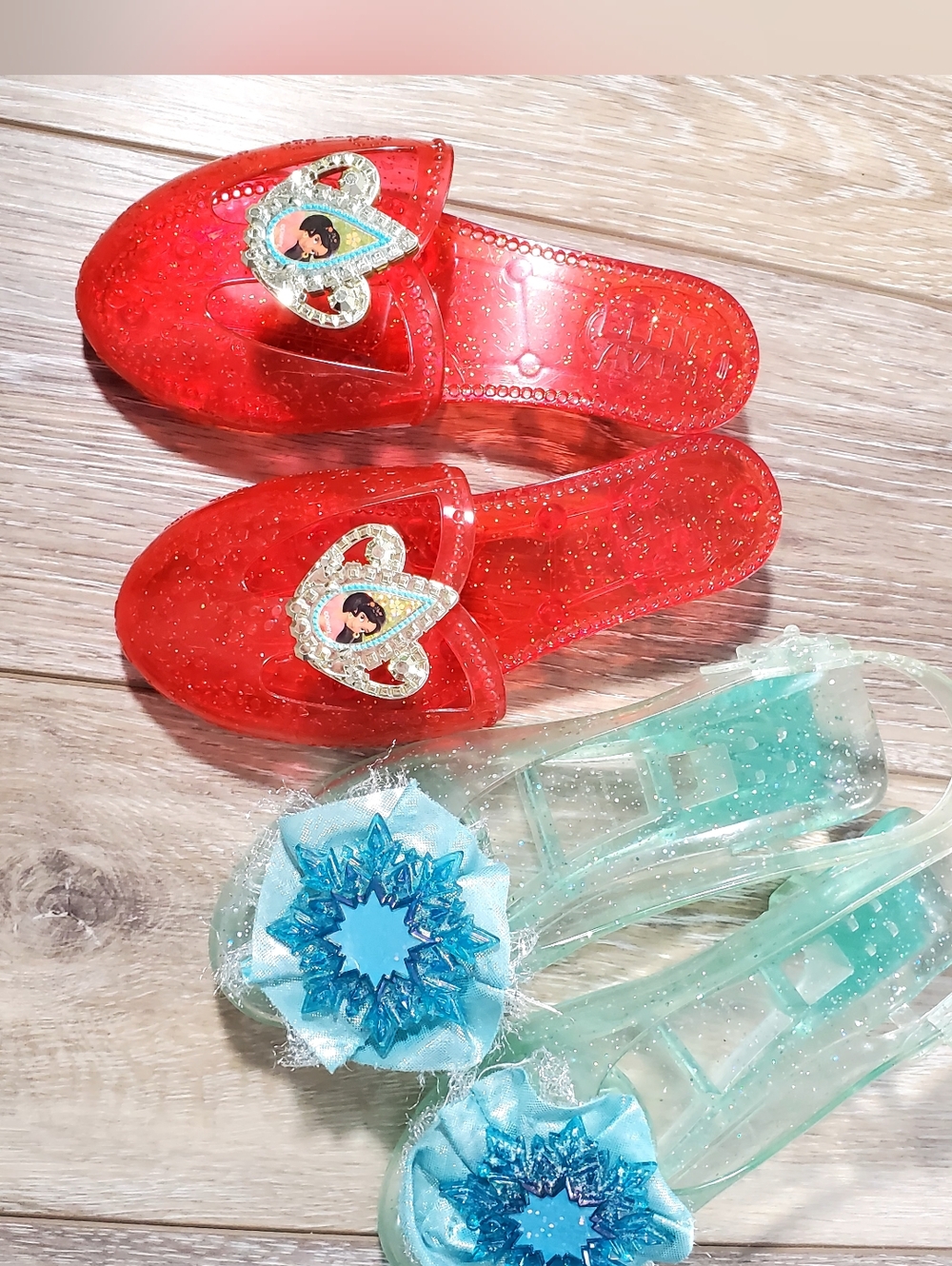 Disney 2 Pr. Of Red,  Aqua Glitter Jelly, Plastic Slip-On Shoes for Kids 7 1/2"